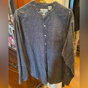 INC Int’l Navy Patterned Button-Up Long sleeve shirt w/ band collar linen blend